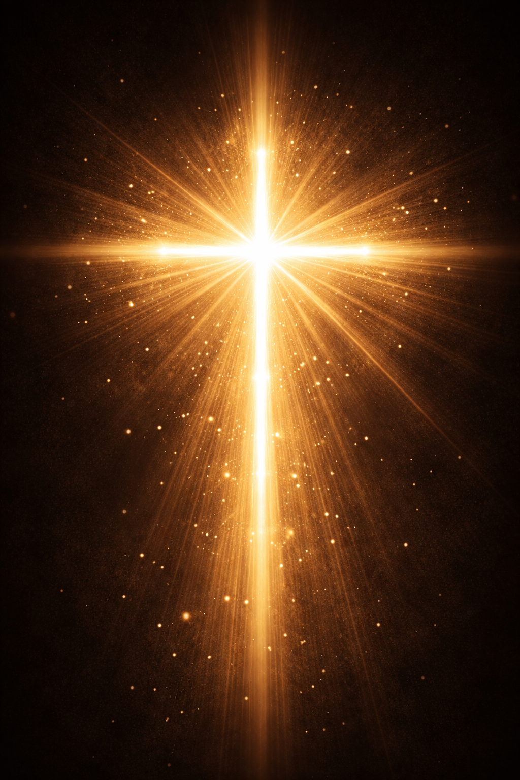 Pure golden white cross made of divine light with radiating beams and glowing particles against a deep dark background, lens flare effect -- golden cross of light HD wallpaper